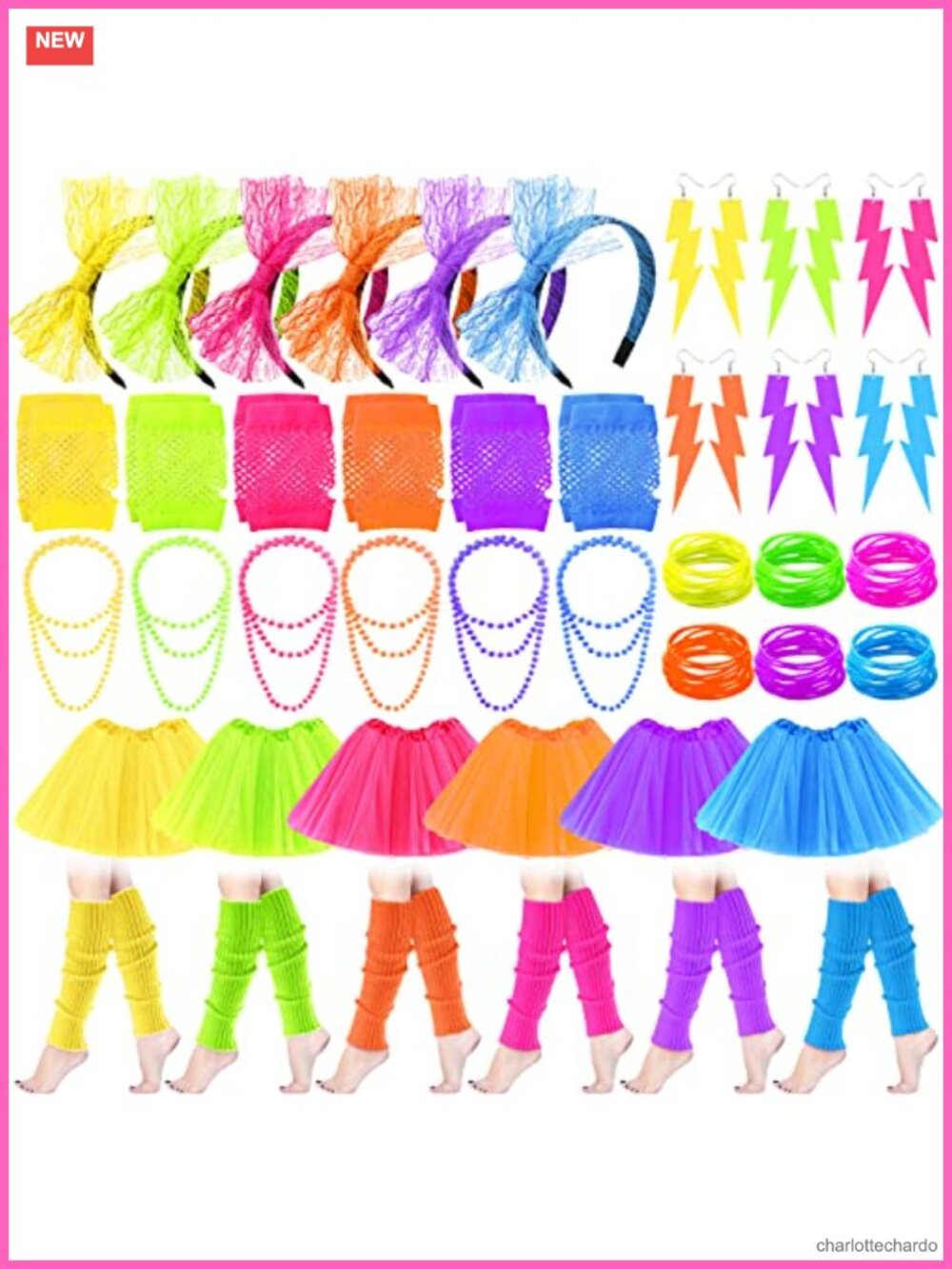 80s Costume Accessory Set Neon Tutu Fishnet Gloves Leg Warmers
